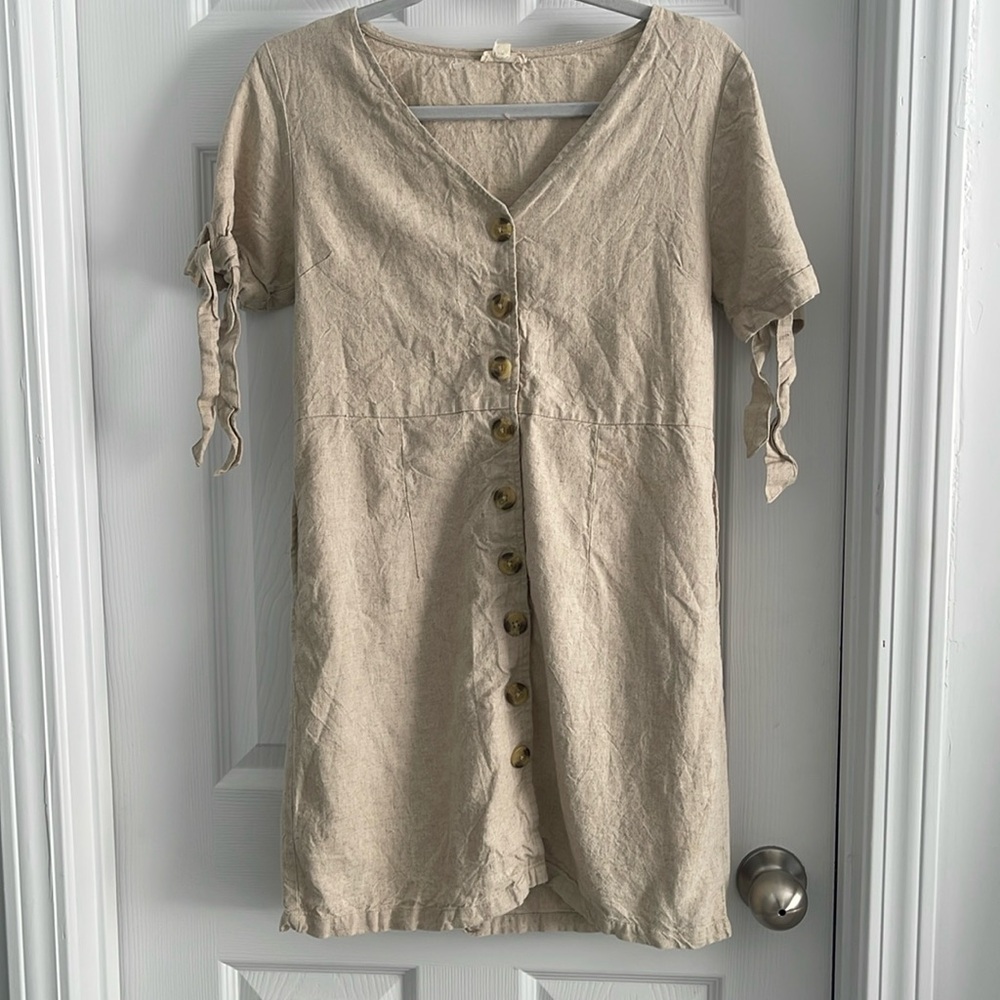 Beige Button-Down Women's Dress with Pockets